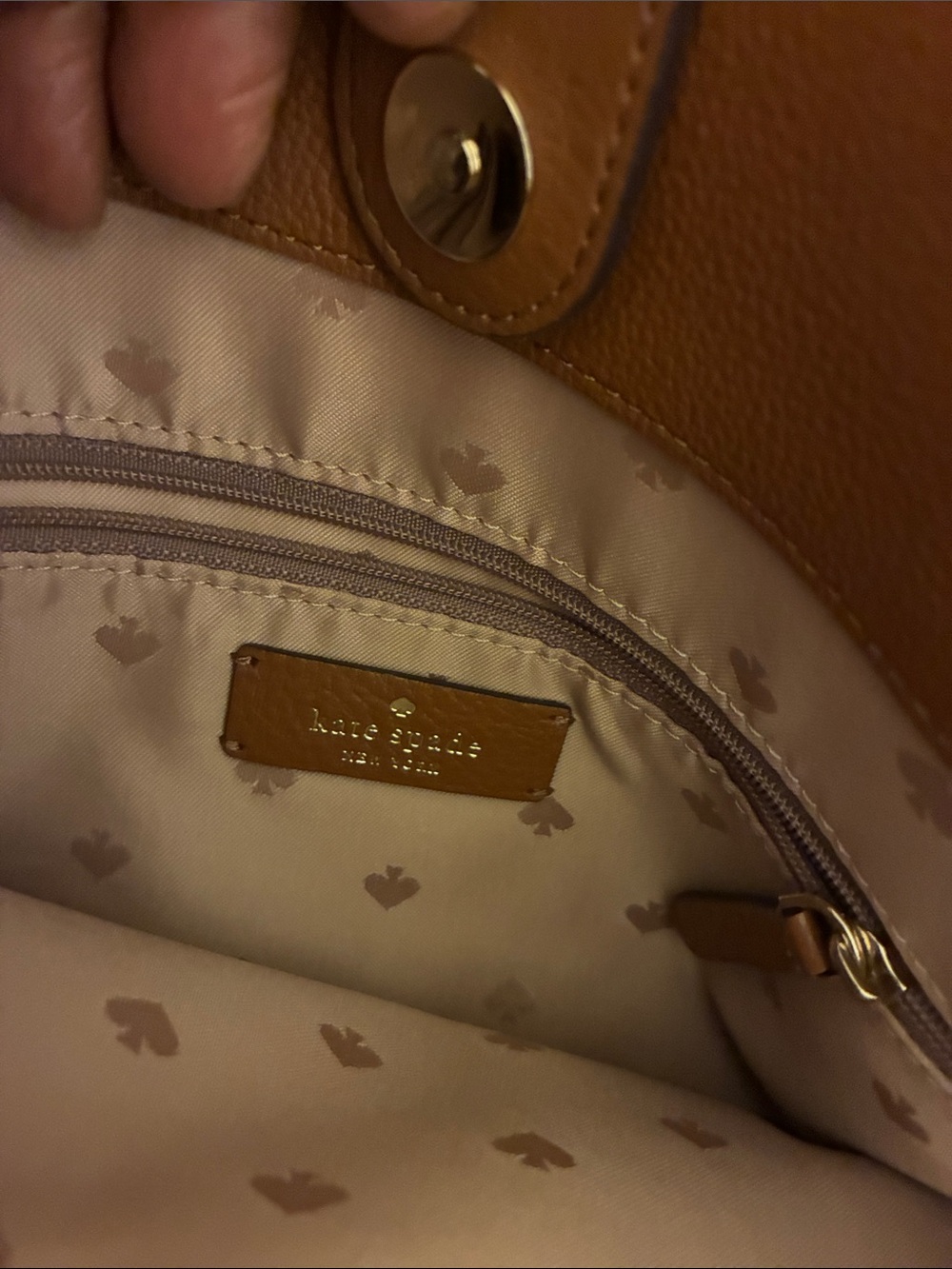 kate spade Tan “warm gingerbread” Leather Tote w/Logo-Print Lining,3 compartment - Picture 10 of 11